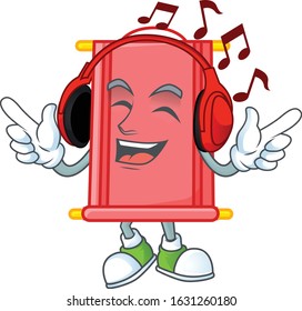 Listening music chinese red scroll mascot cartoon character design