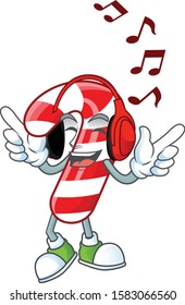 Listening music christmas candy cane mascot cartoon design style