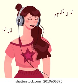 Listening to Music concept. Happy woman with headphones listens to her favorite singers and group. Joyful emotions. Loud music. Cartoon modern flat vector illustration isolated on a beige background