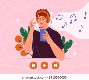 Escuchando el concepto musical. Hombre con auriculares con smartphone. Amante de la música en auriculares con reproductor. Lista de reproducción con canciones favoritas y archivos de audio. Dibujo vectorial plano de dibujos animados