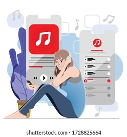 Listening Music Concept. Music Play List. Women Listening Music With Headphone Or Head Set. Vector And Illustration.