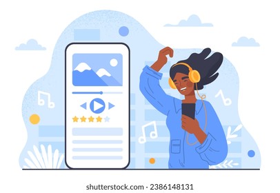 Listening to music concept. Woman in headphones near smartphone. Young girl with interesting audio content. Entertainment, fun and leisure. Playlist with sogs. Cartoon flat vector illustration