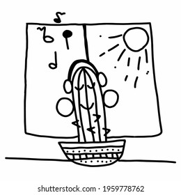 Listening music cute cactus character cartoon, vector illustration