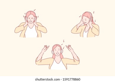 Listening to music, dance and relaxation, enjoyment concept. Humming melody, moving to beat, female music lover, smiling girl with headphones, young woman making dance moves. Simple flat vector