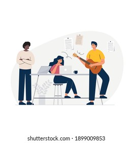Listening to music and dancing for a refreshment in office at break time. A joyful vector illustration.