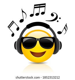 Listening music emoji cartoon isolated on white background