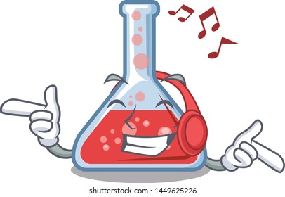 Listening music erlenmeyer flask above wooden cartoon table