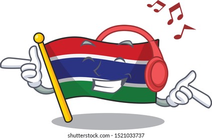 Listening music flag gambia fluttering on cartoon pole