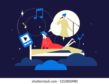 Escuchar música - diseño plano estilo ilustración colorida sobre fondo azul. Composición luminosa de calidad con personaje femenino, mujer acostada en la cama, disfrutando de la canción de su cantante favorita