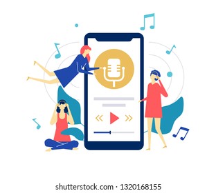 Listening to music - flat design style colorful illustration on white background. Quality bright composition with female characters, cute girls in headsets, enjoying the sounds from a smartphone