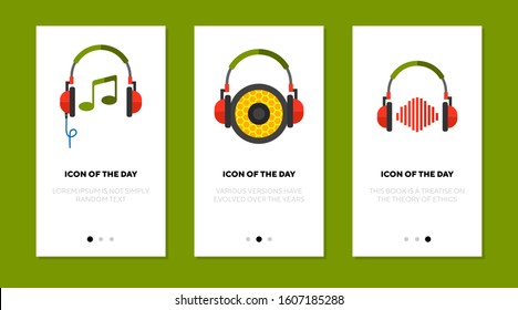 Listening to music flat vector icon set. Headphone, ear, sound, beat, rhythm, note isolated sign pack. Hobby and leisure activity concept. Vector illustration symbol elements for web design and apps.