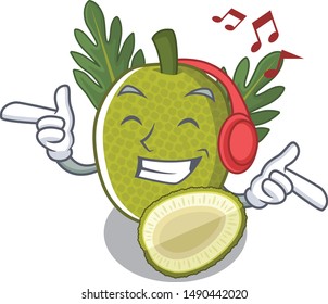 Listening music fresh breadfruit in a cartoon basket