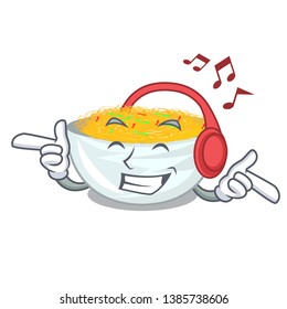 Listening music Fried noodles served on cartoon pan