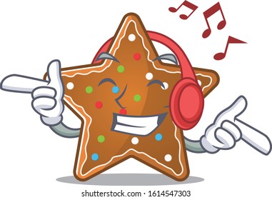 Listening music gingerbread star mascot cartoon character design