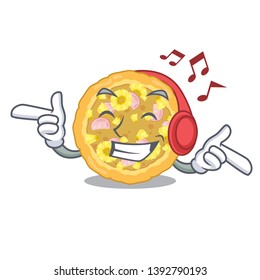 Listening music hawaiian pizza is served cartoon plates