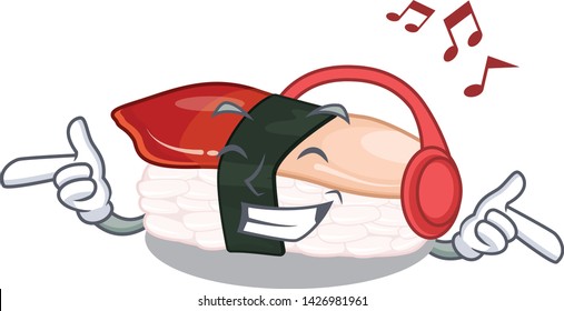 Listening music hokkigai sushi in the mascot shape