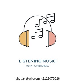 Icono de música de escucha de la colección de actividades y hobbies. Música, música, sonido, color lineal detallado y lineal con el contorno delgado aislado en el fondo blanco. Señal de música de escucha de vector de línea, 