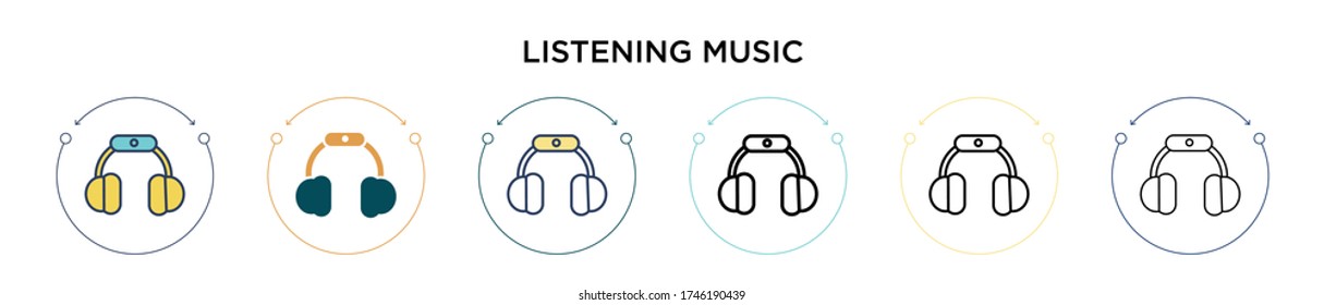 Listening music icon in filled, thin line, outline and stroke style. Vector illustration of two colored and black listening music vector icons designs can be used for mobile, ui, web