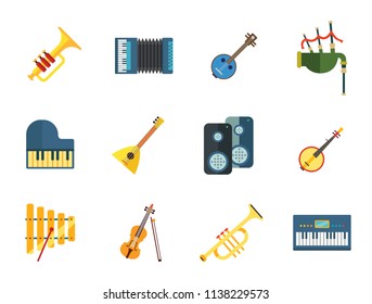 Listening to Music Icon Set. Drum And Drumsticks Balalaika Banjo Instrument Classic Accordion Violin And Bow Trumpet Xylophone Grand Piano Scottish Bagpipe Synthesizer Acoustic Speakers