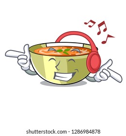 Listening music lentil soup on character wooden table