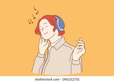 Listening to music lifestyle concept. Young happy red haired woman cartoon character in headphones listening to music with eyes closed vector illustration 