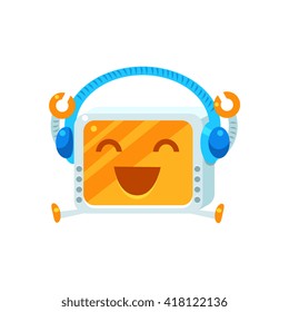 Listening To Music Little Robot Character Simple Flat Vector Icon In Childish Cute Style Isolated On White Background