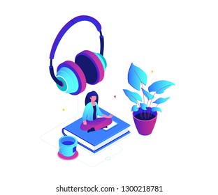 Listening to music - modern colorful isometric vector illustration on white background. A composition with a woman sitting in lotus position on a book, earphones, plant, a cup of tea. Leisure concept