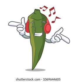 Listening music okra mascot cartoon style