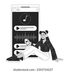 Listening to music on smartphone bw concept vector spot illustration. Woman sitting in headphones 2D cartoon flat line monochromatic character for web UI design.editable isolated outline hero image