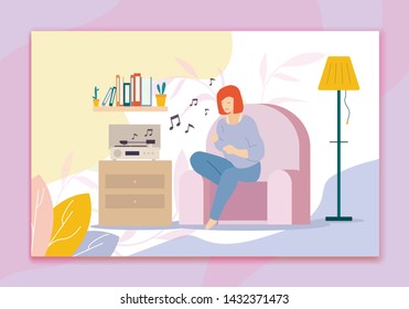Listening to Music on Turntable and Singing Hobbies Vector Cartoon. Woman Enjoys Jazz or Pop Songs on LP-player Sitting on Armchair in Living Room. Home Party. Leisure and Relax. Flat Illustration
