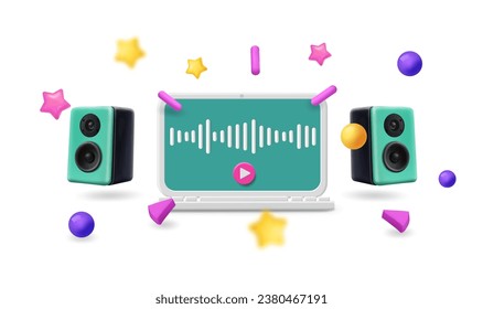 Listening music online concept. Podcast streaming. Listen to live broadcast using laptop. Notebook and speakers. Vector 3d illustration