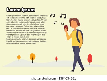 Listening to music in park flat illustration. Guy in casual with backpack cartoon character. Young man with smartphone wearing headphones. Modern leisure, outdoor rest, recreation. Vector illustration