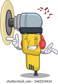 Listening music pneumatic sander isolated with the cartoon