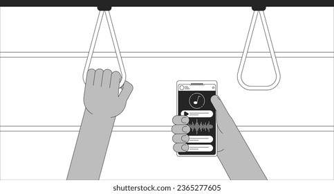 Listening to music in public transport black and white chill lo fi background. Holding phone outline 2D vector cartoon interior illustration, monochromatic lofi wallpaper desktop. Bw 90s retro art