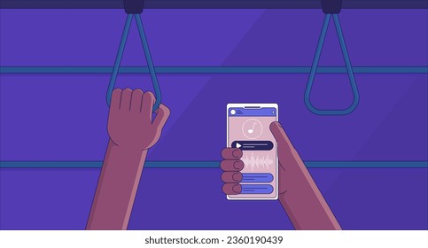 Listening to music in public transport chill lo fi background. Holding smartphone 2D vector cartoon interior illustration, purple lofi wallpaper desktop. Sunset aesthetic 90s retro art, dreamy vibes