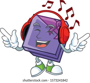 Listening music purple gift box mascot cartoon design style