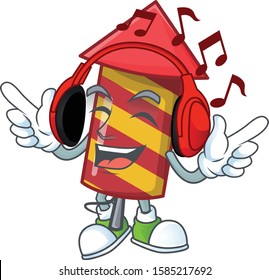 Listening music red stripes fireworks rocket mascot cartoon design style