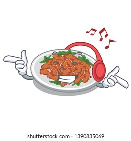 Listening music sesame chicken in a cartoon bowl