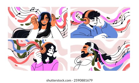 Listening to music, set. Happy people in headphones enjoying song, melody, sound, playing audio track, banners. Characters in head phones with soundtrack, tune, playlist. Flat vector illustration