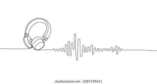 Listening to music set one line art. Continuous line drawing of music, headphones, music waves, headset, earphones, sound, audio, hear, dj, listen, listening, ear, electronic, mobile, relax, radio