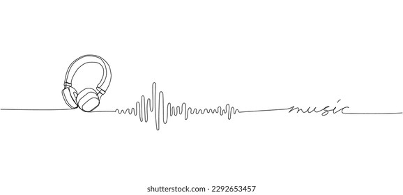 Listening to music set one line art. Continuous line drawing of music, headphones, music waves, headset, portable, dj, listen, listening, ear, relax, radio with an inscription, lettering, handwritten.