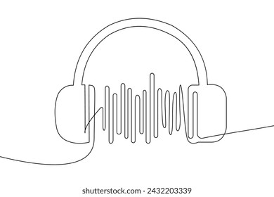 Listening to music set one line art. Single line drawing of music, headphones, music waves, headset, earphones, sound, audio, hear, dj, listen, listening, ear, electronic, mobile, relax, radio