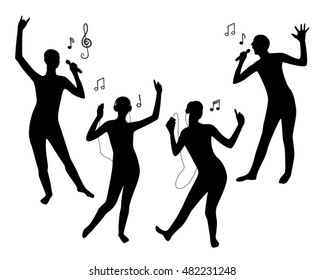 Listening to music and singing black silhouettes