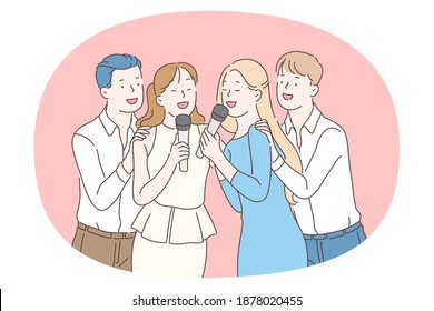 Listening to Music, singing, recreation concept. Group of young smiling people singing songs in karaoke and enjoying time together having fun. Music lover, melody, song, hobby