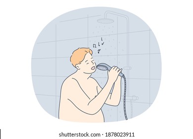 Listening to Music, singing, recreation concept. Smiling man using shower as microphone and singing in bathroom. Music lover, melody, song, hobby