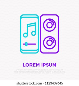 Listening music from smartphone on wireless speaker thin line icon. Modern vector illustration.