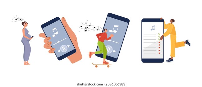 Listening to music. Smiling women listening to music on smartphone. Music lovers wearing headphones and enjoy sounds. Healthy Active lifestyle. Color vector illustration set