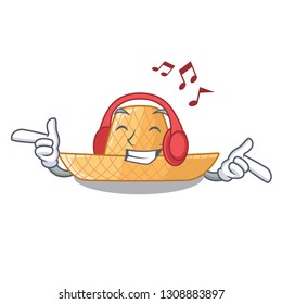 Listening music straw hat in a wooden cartoon