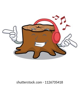 Listening music tree stump mascot cartoon