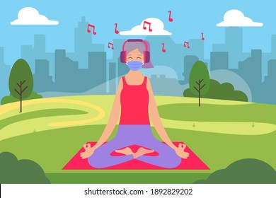 Listening music vector concept: Senior woman doing yoga while listening music in the park